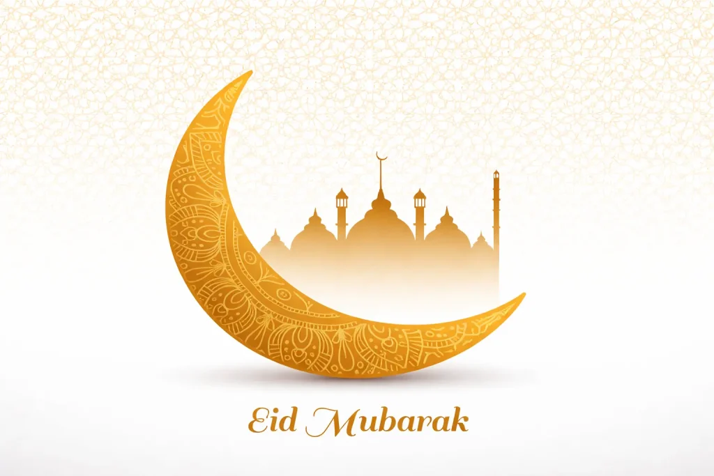 Golden crescent moon with intricate patterns and a mosque silhouette on a decorative Islamic background, with “Eid Mubarak” written below.